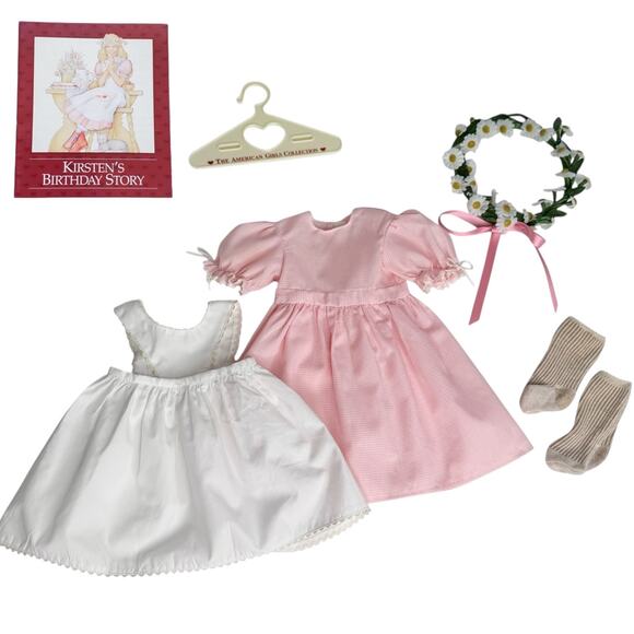 American Girl Kirsten Birthday Outfit Pleasant Co Doll Dress Apron Socks Wreath - Picture 3 of 11